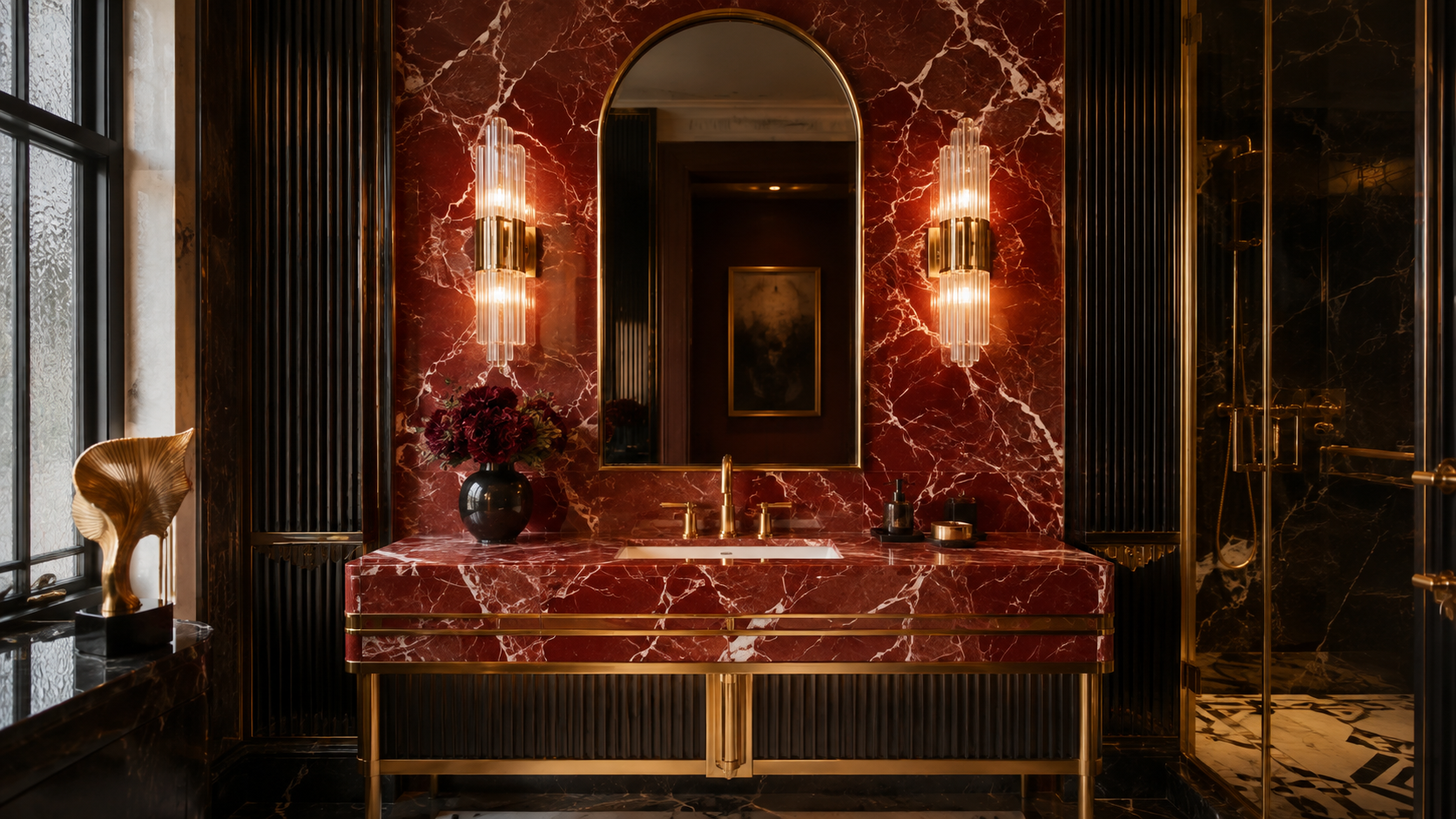 Neo Deco bathroom layout with an arched mirror and red marble vanity backdrop
